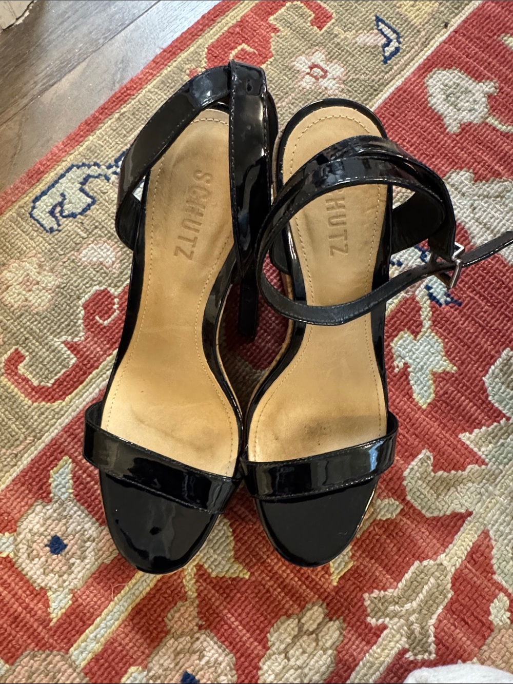 SCHUTZ Black Patent Ankle-Strap Heeled Sandals cork wedge